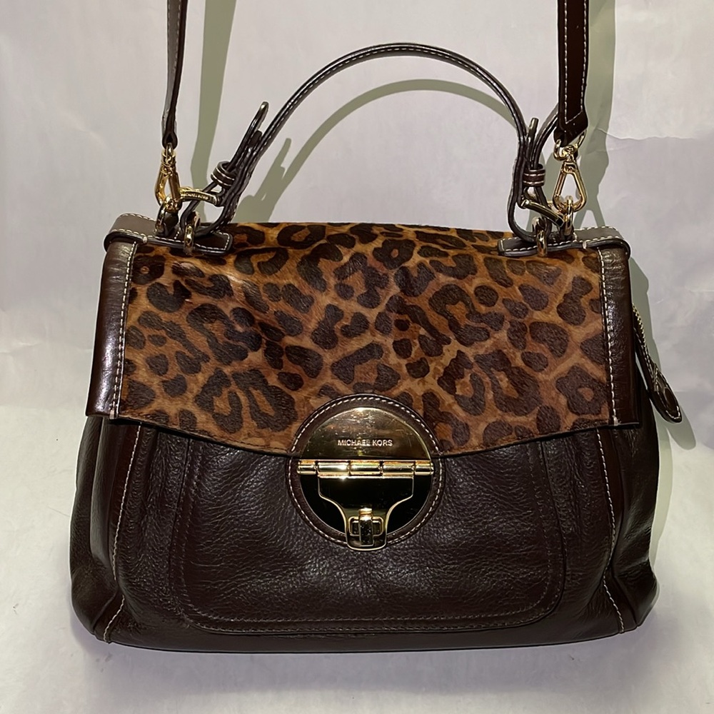 Vintage Michael Kors Handbag, Brown Leather with Dyed Calf Hair in Leopard, Med